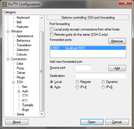 vnc through ssh tunnel putty